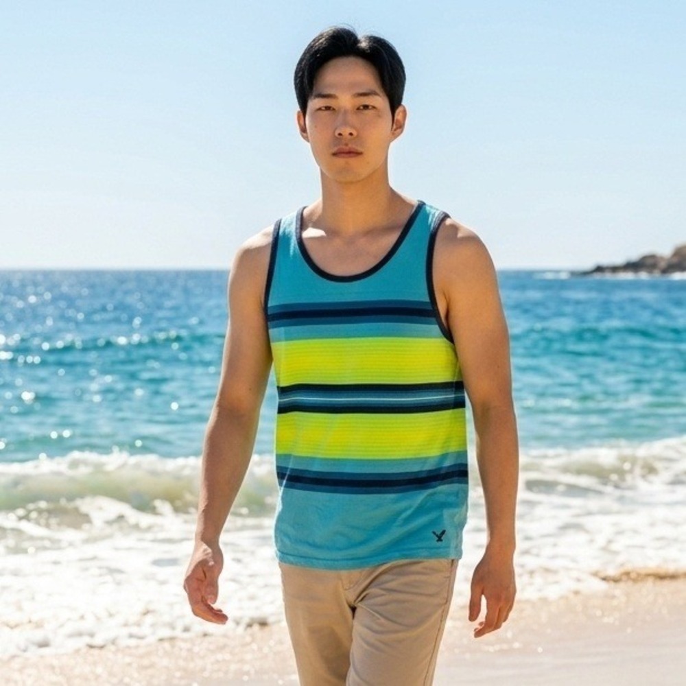 American Eagle Mens M Muscle Tank Top Bright Green Blue Stripe Beach Surf Preppy